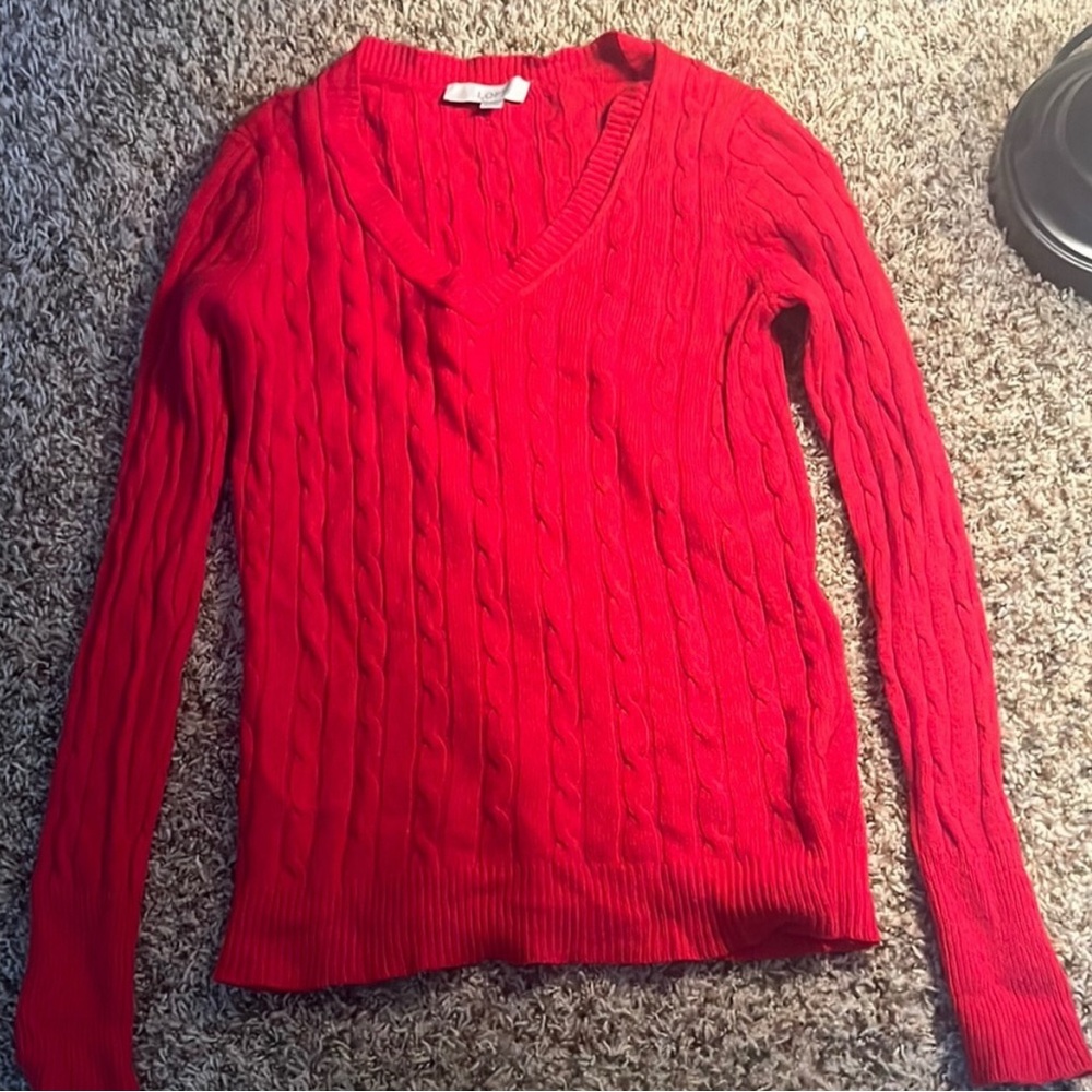 Red V-Neck Cable Knit Sweater